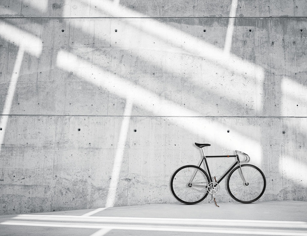 Horizontal Photo Blank Grungy Smooth Bare Concrete Wall in Modern Loft Studio with Classic bike. Soft Sunrays Reflecting on Surface. Empty Abstract background. - Foto, Bild