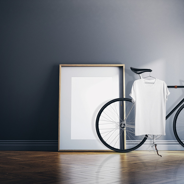 Photo Interior Modern Studio House with Classic bicycle.Empty White Canvas on Natural Wood Floor.Blank Tshirt hanging Bike. Horizontal mockup. - Foto, imagen