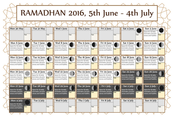 Calendario del Ramadan 2016. Include: calendario a digiuno, fasi del ciclo lunare, citazioni Ramadan hadith e Coran-. 30 giorni di Ramadan su sfondo bianco con motivo islamico. 1 su 3. 5 giugno. Illustrazione vettoriale
 - Vettoriali, immagini