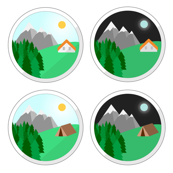 Vector. Mountain holidays icons. Holiday house. Summer house. Snow mountain camping. Isolated illustration flat design. Perfect mountain holiday. - Вектор, зображення