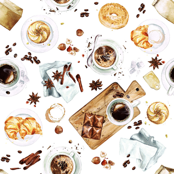 Бесшовный рисунок акварели - Утренний кофе
 - Фото, изображение