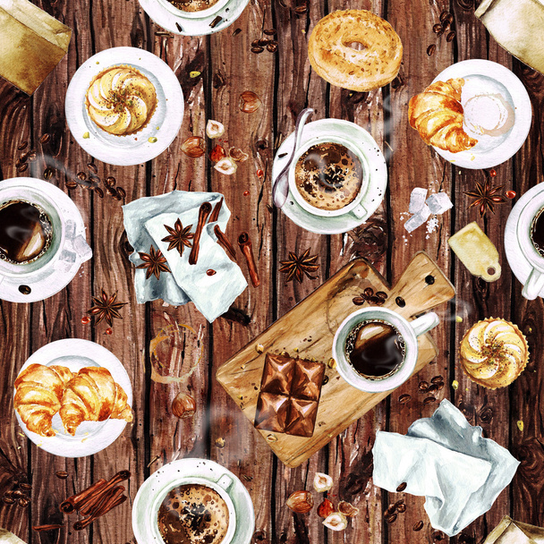 Бесшовный рисунок акварели - Утренний кофе
 - Фото, изображение