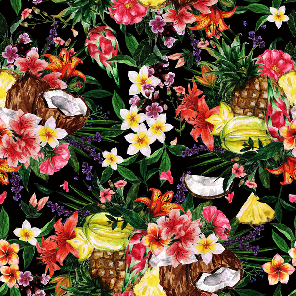 水彩のシームレスなパターン - 熱帯花の背景  - 写真・画像
