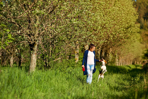 Young girl with her dog playing in the park. - Foto, Bild