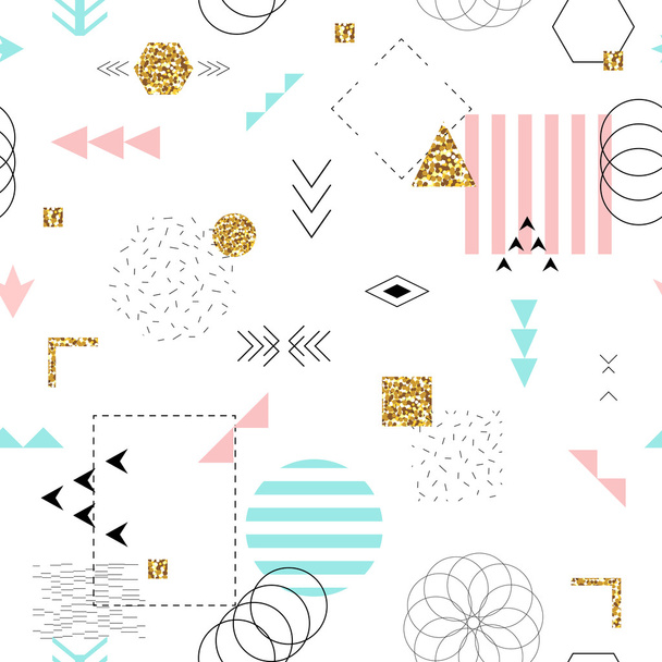 Geometric seamless pattern memphis style with golden glitter texture. - Vector, Image