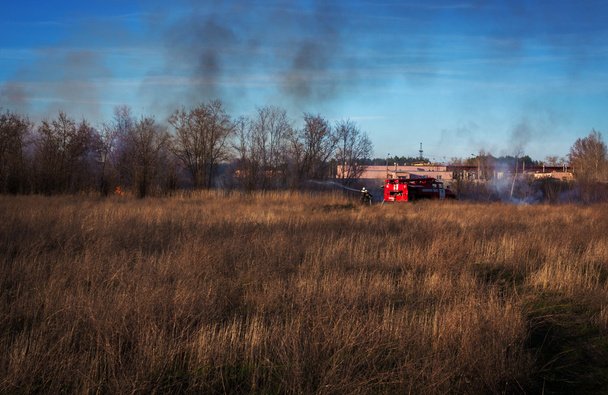 tűzoltóautó erdőtüzet oltani. tűzoltók eloltani  - Fotó, kép