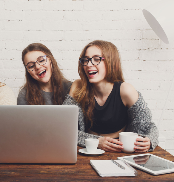 Porträt zweier lachender Freundinnen mit Laptop. - Foto, Bild