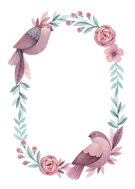 Watercolor birds and flowers card - Foto, Imagen