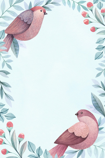 Watercolor birds and flowers card - Foto, imagen