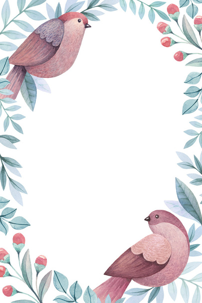 Watercolor birds and flowers card - Zdjęcie, obraz