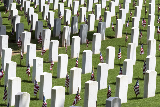 στρατιωτικό νεκροταφείο με αμερικανικές σημαίες - Φωτογραφία, εικόνα