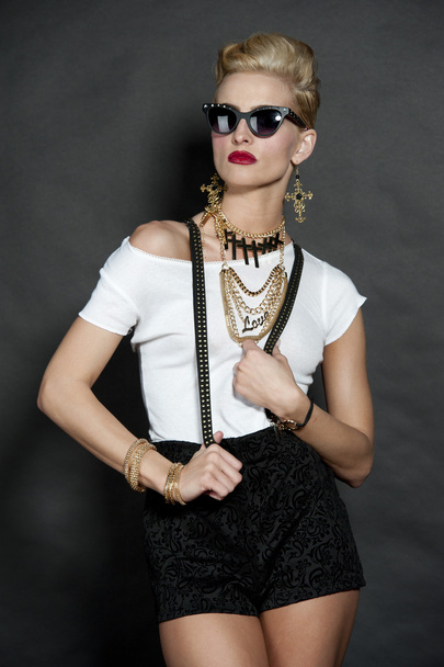 Chic Blonde Fashion Model on Black - Фото, изображение