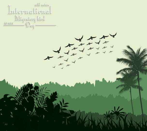 飛ぶ鳥の鳥渡り鳥日の美しいエキゾチックな熱帯背景 - ベクター画像