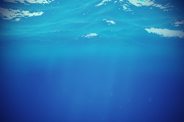 Podwodne niebieskie tło w morze, ocean, z volume light. ilustracja 3D - Zdjęcie, obraz