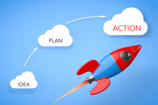 Business Concept. Rocket vicino alle Nuvole con Idea, Piano e Azione
  - Foto, immagini