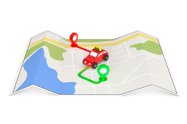 Taxi Order Concept. Toy Taxi from above of Abstract Navigation M - Photo, Image