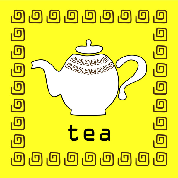 weiße Teekanne mit orientalischen Mustern auf gelbem Hintergrund - Vektor, Bild