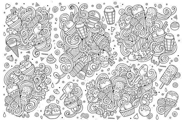 Line art vector cartoon set of ice-cream objects - Διάνυσμα, εικόνα