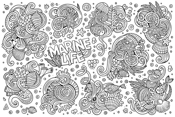 Γραμμή τέχνης σύνολο αντικειμένων θαλάσσια ζωή - Διάνυσμα, εικόνα