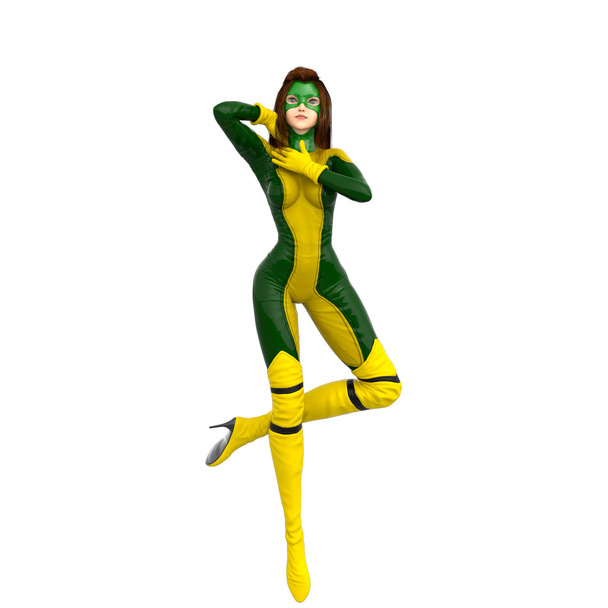 une fille en super costume jaune vert. Se tient sur une jambe
 - Photo, image