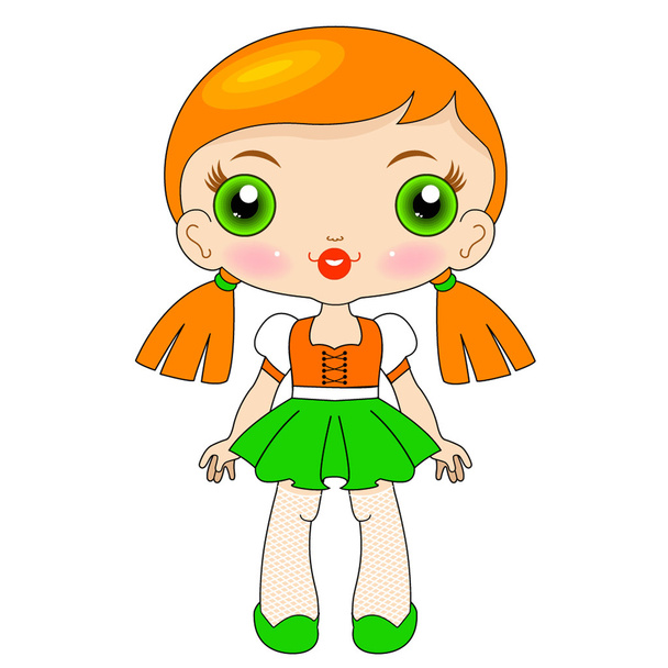 Kawaii doll in a green dress - Vector, Image