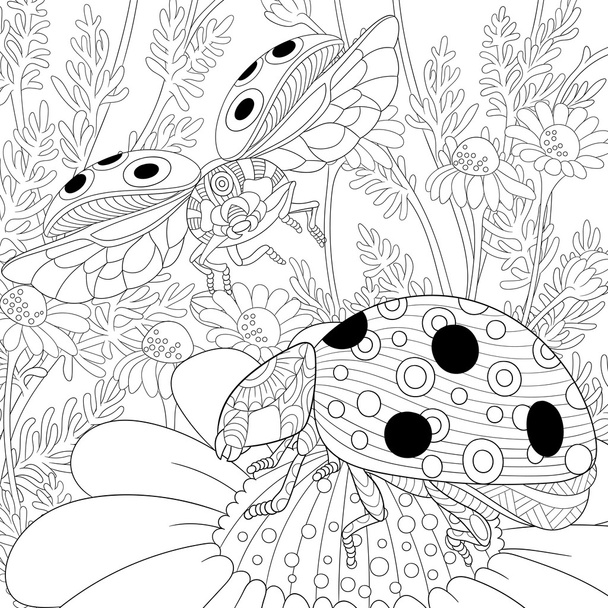 Zentangle stylized two ladybugs - Vettoriali, immagini