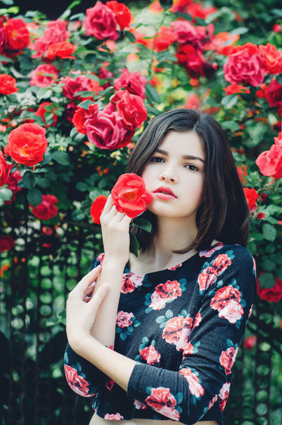 Queen rose, rose, many roses shrub roses, elegant roses, red roses, flower of love, queen of flowers, girl, young girl, beautiful girl, brunette, model, Ukrainian, luscious lips, eyes, hands, may, garden, nature, woman, teenager, wallpaper, pink for  - Photo, Image