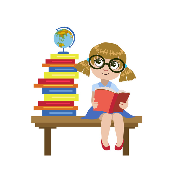 Girl Sitting On The Desk Reading A Book - Вектор,изображение