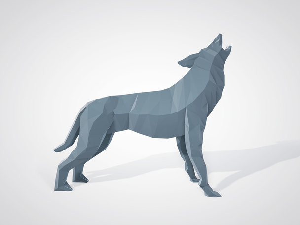 3D illustration of origami wolf howling. Polygonal wolf side view. Geometric style grey wolf. Triangle wolf.  - Foto, Imagen