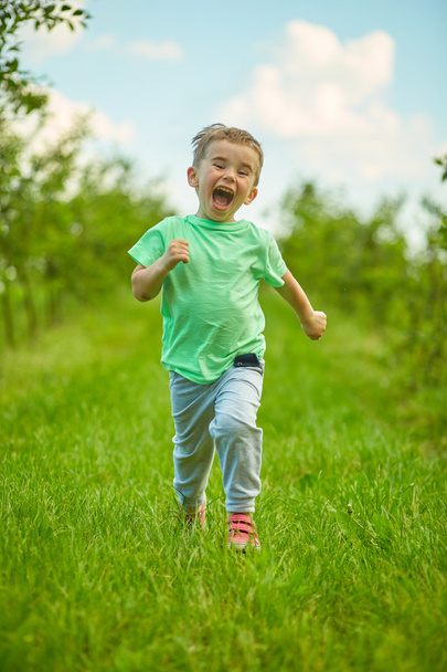 Happy little boy runs in the green garden  - Fotó, kép