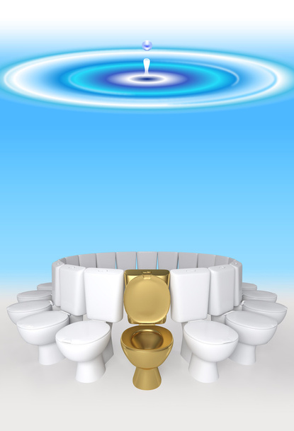Концепция 3D рендеринга золотые и белые сиденья унитаза на синем фоне капли воды с копировальным пространством
. - Фото, изображение