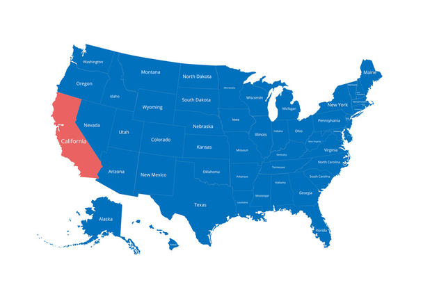 Karte der USA. Bild mit Beschneidungspfad und Namen der Staaten. Staatszeichen. Kalifornien. Vektorillustration. - Vektor, Bild