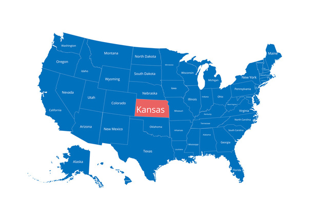 Karte der USA. Bild mit Beschneidungspfad und Namen der Staaten. Staatszeichen. Kansas. Vektorillustration. - Vektor, Bild