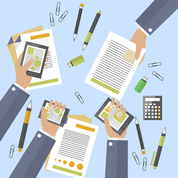 Hands of business people busy devices and papers. Big deal is signed. Treaty counting profits. Annual or monthly report. Flat design. Vector - Vector, Image