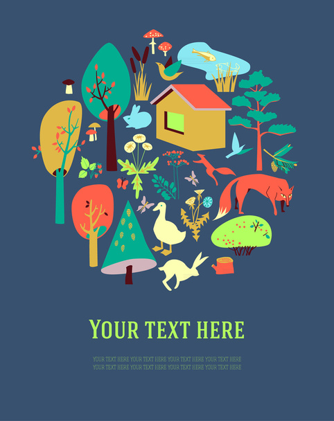 Eco-house in the forest and its inhabitants. The poster, card or banner - Vector, Image