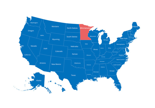Térkép az USA-ban. A vágógörbét és az állapotok nevét tartalmazó kép. Állami védjegy. Minnesota. Vektoros illusztráció. - Vektor, kép