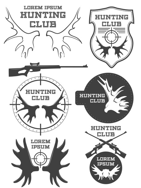 Set di logo di caccia vintage, etichette e distintivi. Cervo. Corno. Arma. Vettore
 - Vettoriali, immagini
