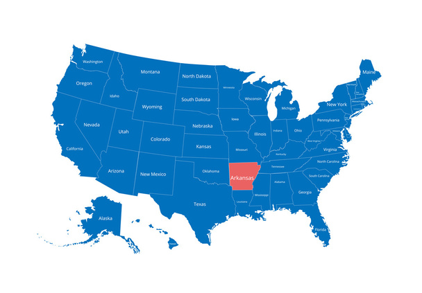 Карта Соединенных Штатов Америки. Изображение с обрезанием пути и названием государств. Знак штата. Арканзас. Векторная иллюстрация
. - Вектор,изображение