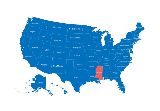 Mapa de Estados Unidos. Imagen con ruta de recorte y nombre de los estados. Marca estatal. Mississippi. Ilustración vectorial
. - Vector, Imagen