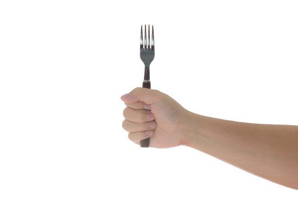 mano sosteniendo un tenedor de plata aislado en blanco
  - Foto, imagen