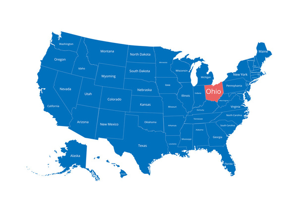 Kaart van de Verenigde Staten. Afbeelding met uitknippad en naam van de toestanden. Staats merk. Ohio. Vector illustratie. - Vector, afbeelding