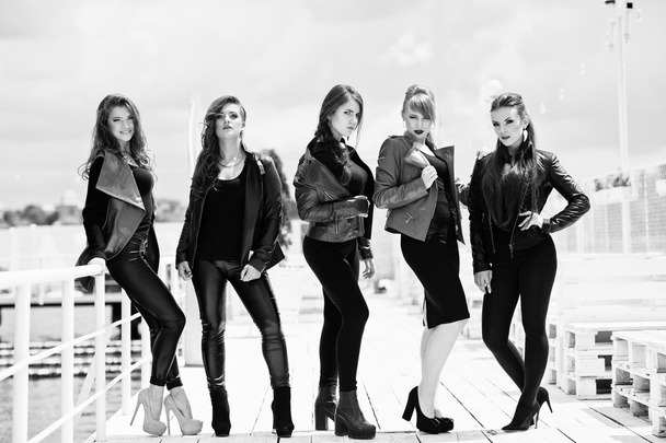 Five beautiful young girls models at leather jackets posing on b - Photo, image