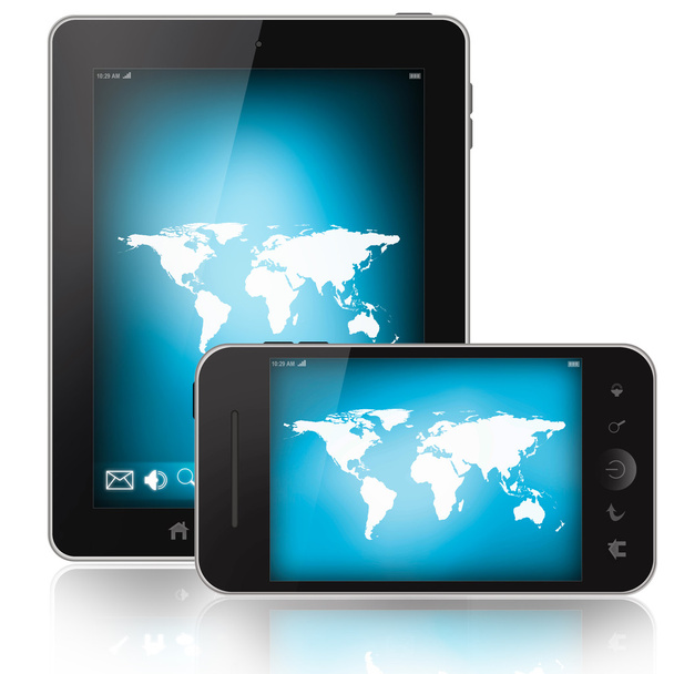 Tablet pc and mobile phone with world map on a screen isolated on white background - Photo, Image
