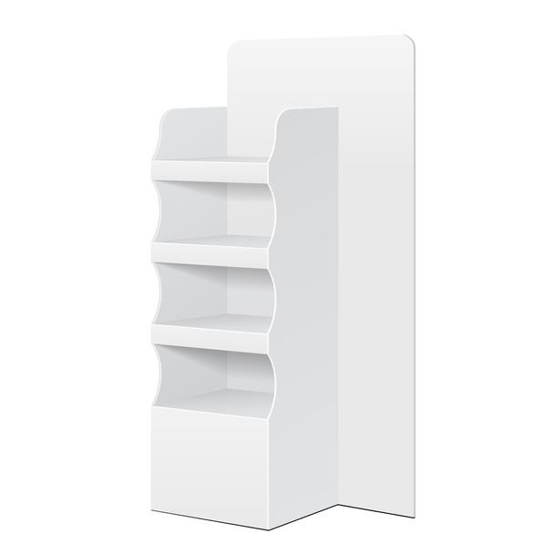 White POS POI Cardboard Floor Display Rack For Supermarket Blank Empty Displays With Shelves Products On White Background Isolated. Ready For Your Design. Product Packing. Vector EPS10 - Διάνυσμα, εικόνα