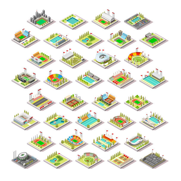 Olympic Rio 2016 Sport Facility Building Set.Miniature 3D Isometric City Map Sport Park Buildings Infographic Elements.Stadium Arena Field Pool Green Track Camp Court Structures. Sport Vector Illustration - Vector, Image