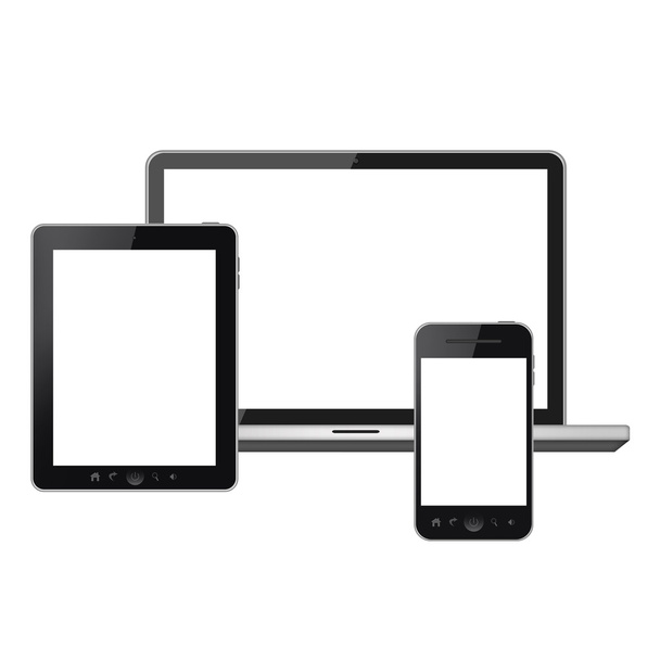 Tablet pc, mobile phone and laptop with blank screen isolated on white background - Photo, Image