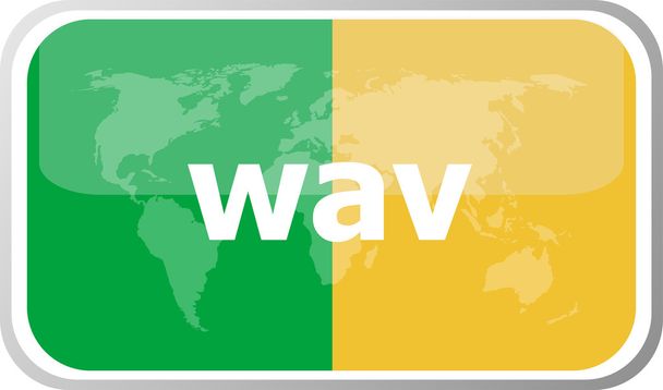 wav word on vector web button icon isolated on white. World earth map icon vector illustration. - Vektör, Görsel