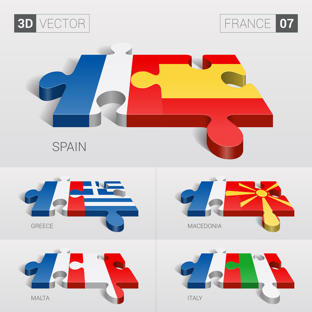 France and Spain, Greece, Macedonia, Malta, Italy Flag. 3d vector puzzle. Set 07. - Vector, Image