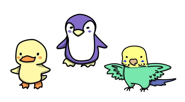 Set of cartoon styled cute birds. Duck. Penguin. Budgie - Photo, Image
