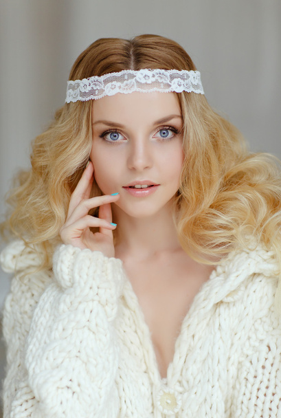 A very gentle portrait of beautiful girl blonde with blue eyes i - Zdjęcie, obraz